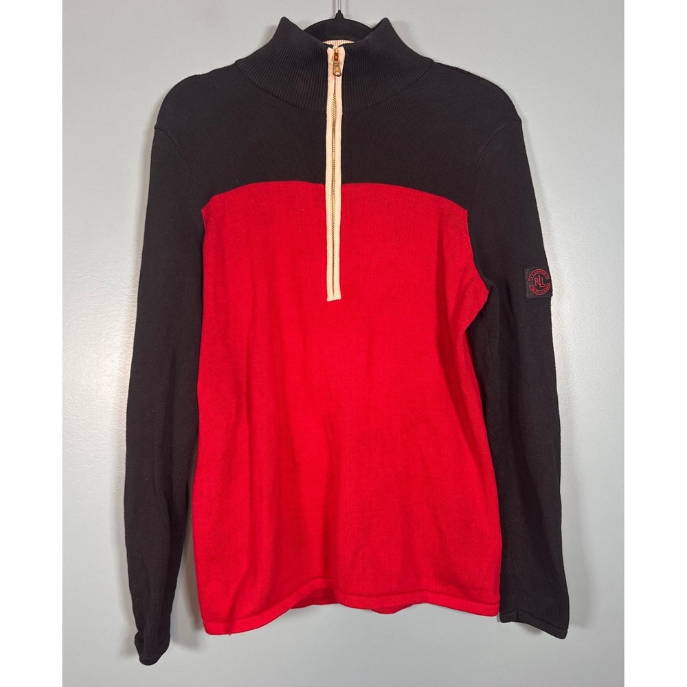 LAUREN Ralph Lauren Women XL Color Block Mock Neck 1/4 Zip Sweater Red Black